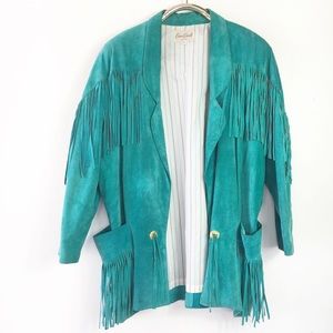 VTG Evan Arpelli Fringe Leather Jacket Turquoise L